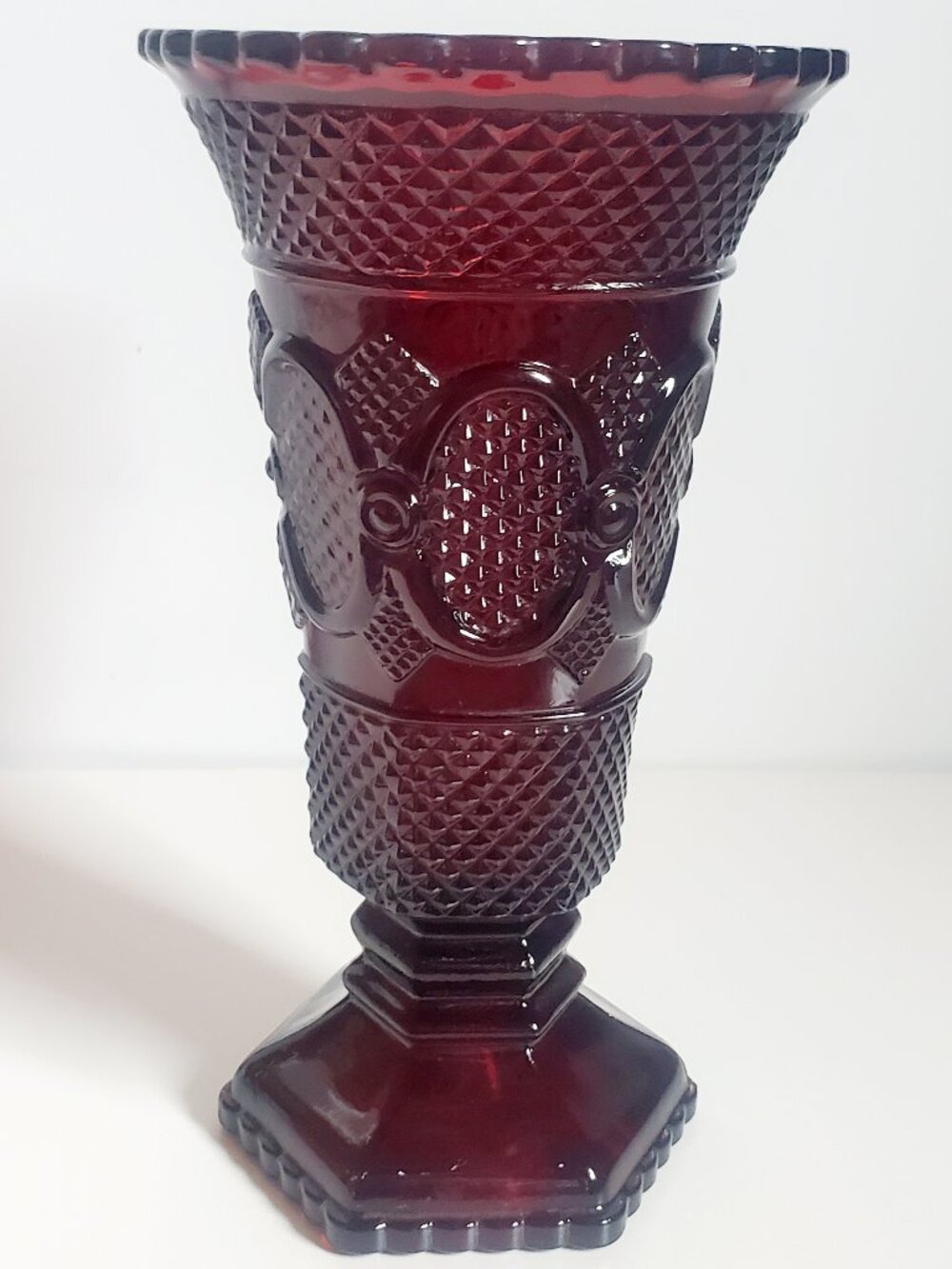 Vintage AVON CAPE COD COLLECTION Dark Ruby Red Footed Flower Vase Diamond Cut 8"